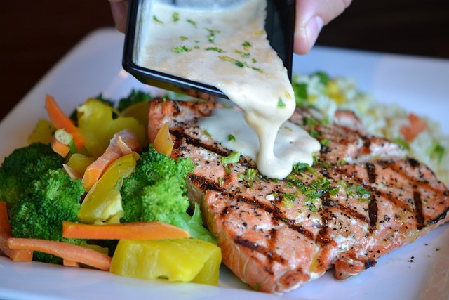 Serving Salmon a sea food in a plate